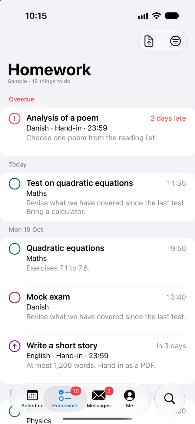 Homework: a list by day, with what's overdue on top